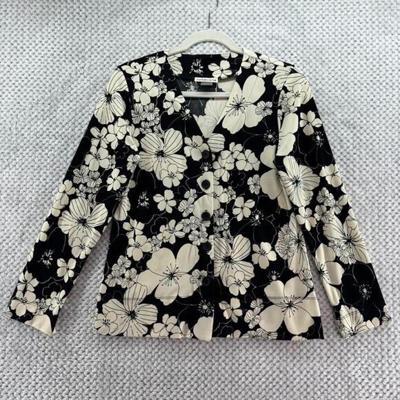 Notations Top Women S Black Ivory Floral Stretch V-Neck Button Front Long Sleeve - Picture 1 of 11